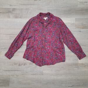 Coldwater Creek Plus Size 1X Cotton Button Up Shirt Dark Floral Paisley Boho Top